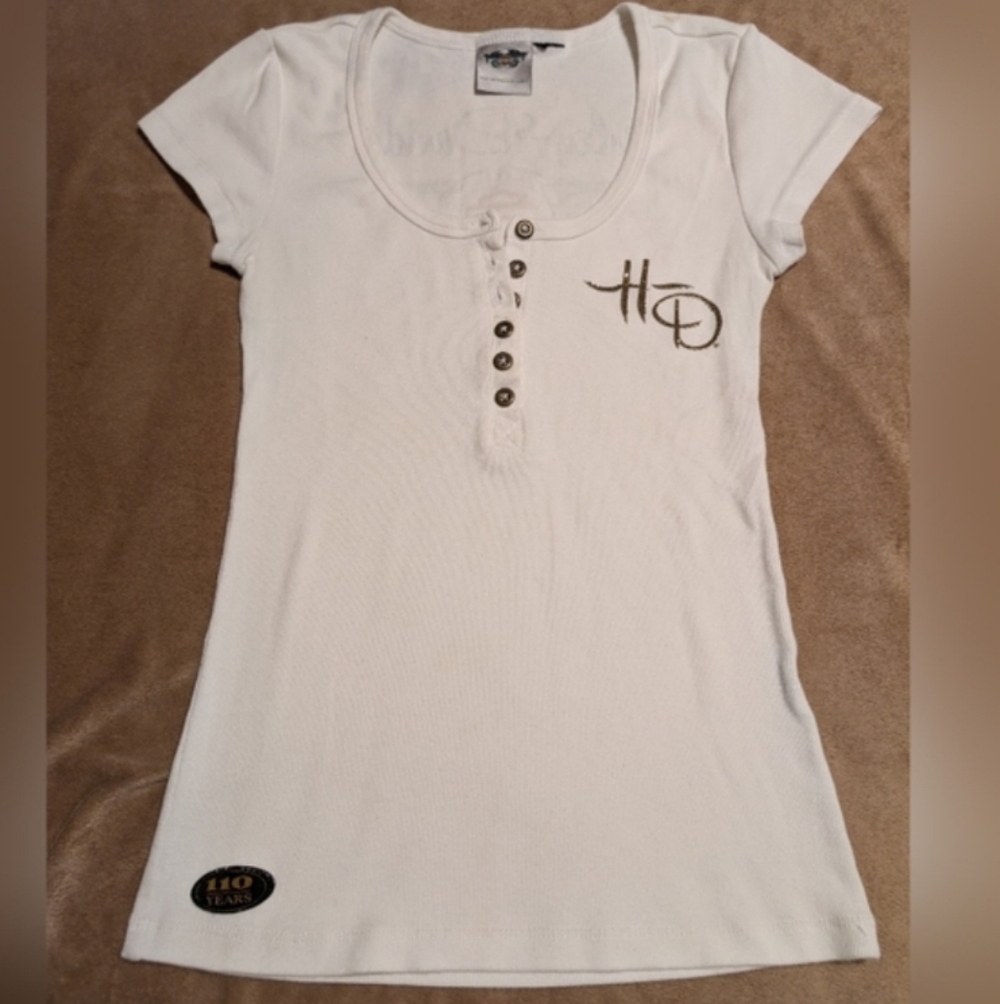 Authen.Harley-Davidson® 110Yr Annv White&Bronze Embellishments Gold HD Logo Back